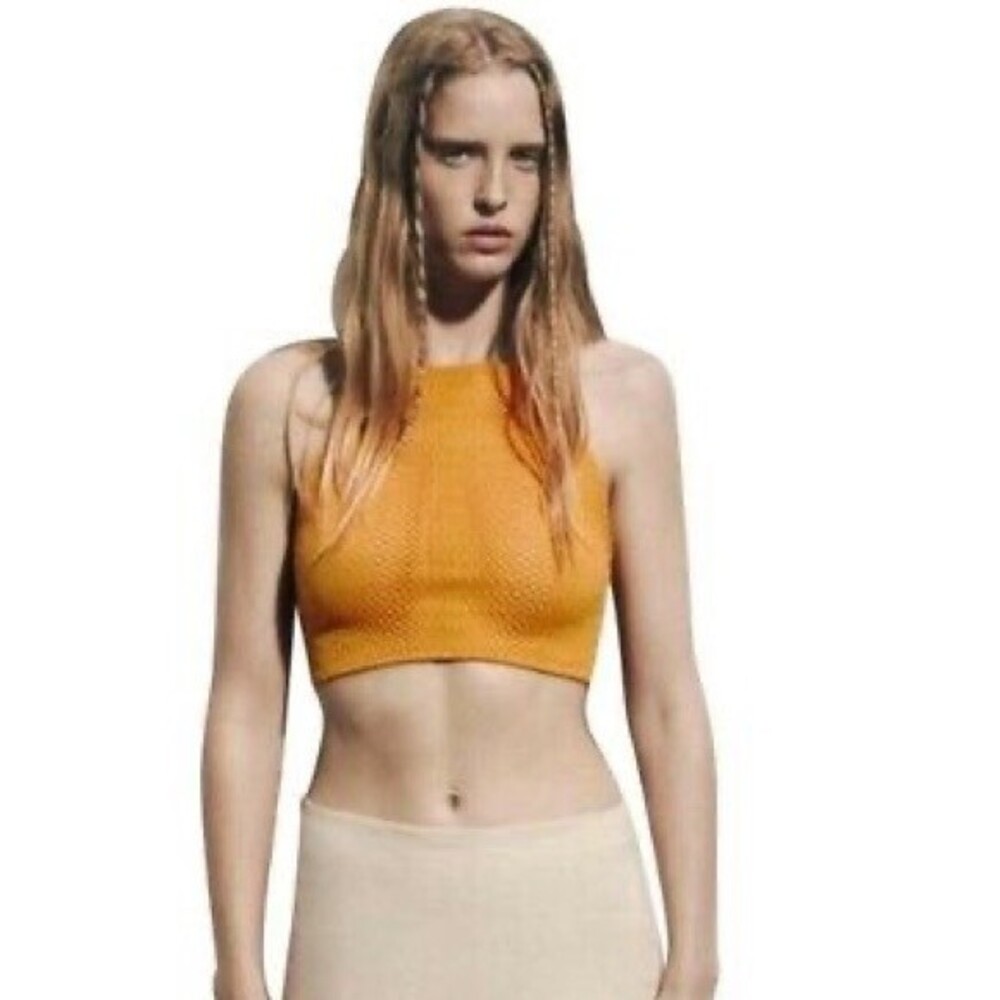 Zara Women's BOHO Hippie Stretch Perforated Orange Crop Mesh Net Top NWT Size S